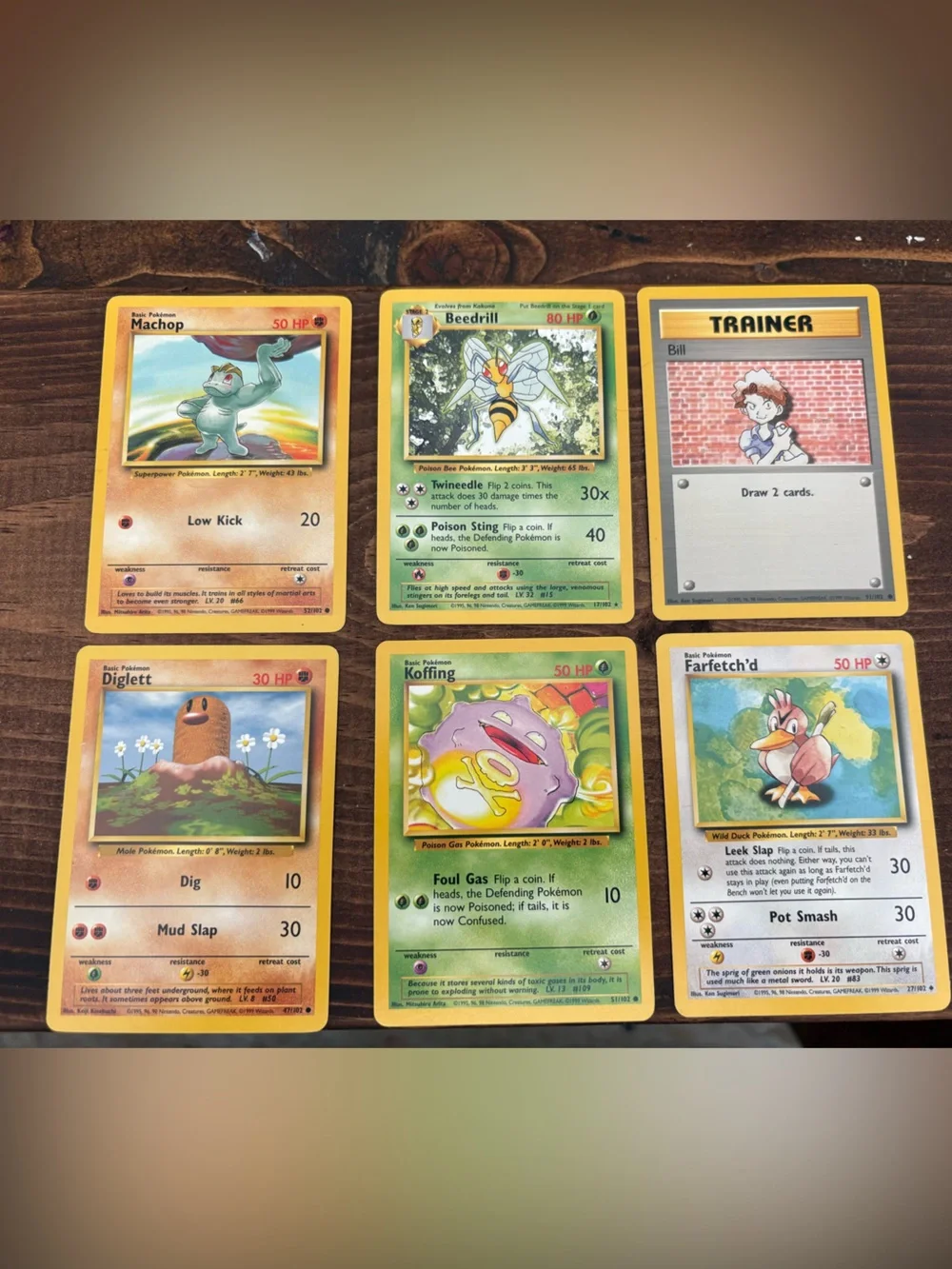 (6) 1999 Pokémon Cards Machop, Beedrill Diglett Farfetch’d Koffing & Bill